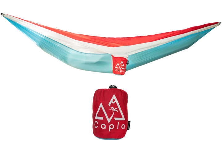 Capla Hammock 2.0 Bori with a three-color design (red light blue and white), compact and lightweight, perfect for outdoor activities.