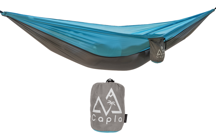 Capla Hammock 2.0 Gray & Light Blue with a stylish two-color design, compact and lightweight, perfect for outdoor activities.