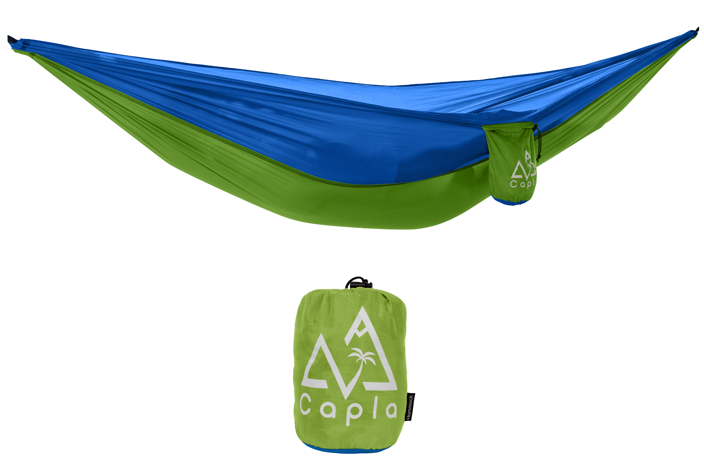 Capla Hammock 2.0 Green & Blue with a modern two-color design, lightweight, and compact, ideal for outdoor enthusiasts.