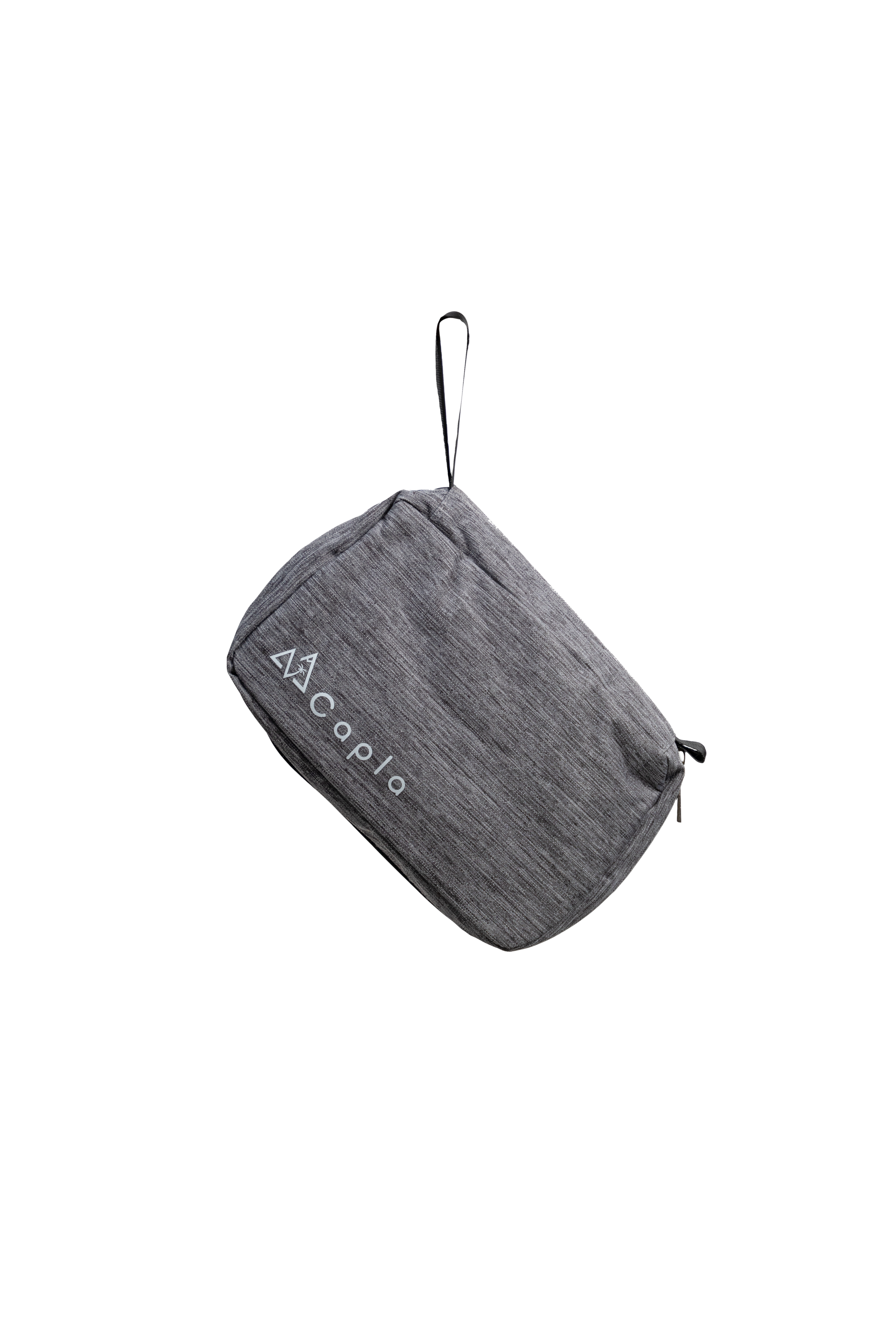 Grey travel toiletry bag made from durable 300D polyester with a sleek design, perfect for organizing toiletries during travel, camping, or hiking.